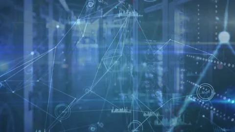 Animation of networks with icons and data processing over tech room with 스톡 동영상 166222718