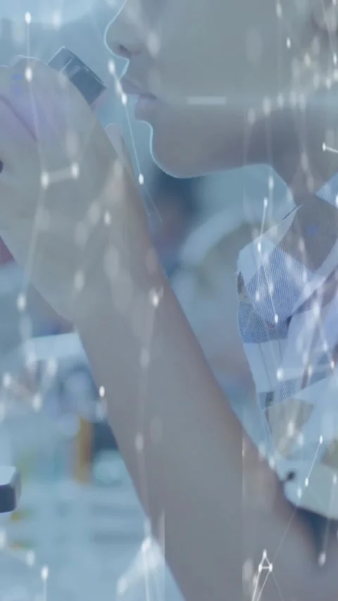 Animation of networks over schoolboy using microscope in science class Stock Footage 323898491