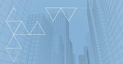 Animation of networks of triangles with cityscape on blue background Stock Footage 329417907