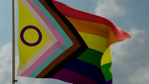 Animation of new lgbt progress flag waving against blue cloudy sky Stock Footage 163450773