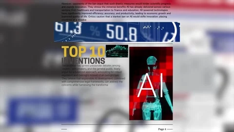 Animation of newspaper pages about artificial intelligence banned for reason Stock Footage 246679688