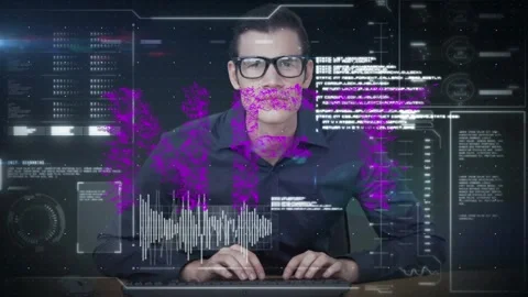 Animation of nft and data processing over caucasian male programmer Stock Footage 329222757