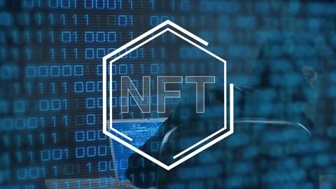 Animation of nft in hexagon over binary code and male hacker on navy background Stock Footage 326035891