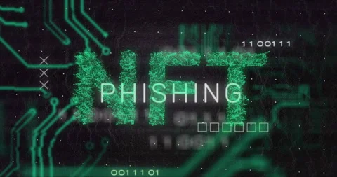 Animation of NFT phishing text with digital circuit and binary code background Stock Footage 303564122