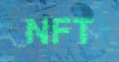 Animation of nft text and binary coding over statistics Stock Footage 325965447