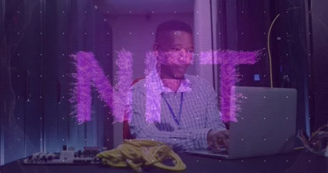 Animation of nft text and data processing over african american male it engineer Stock Footage 329283594
