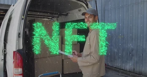 Animation of nft text and dots over man with notepad standing at vehicle loaded Stock Footage 326408987