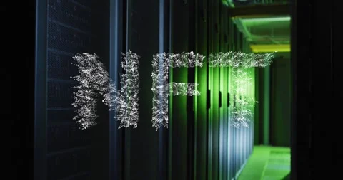 Animation of nft text banner against empty computer server room Stock Footage 328466675