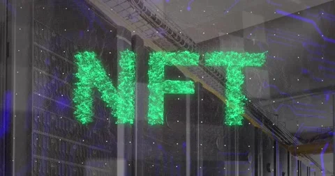 Animation of nft text banner and microprocessor connections against computer Vídeo Stock 236961699