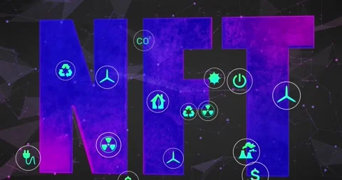 Animation of nft text banner over multiple digital icons and plexus networks Vidéo 330052537