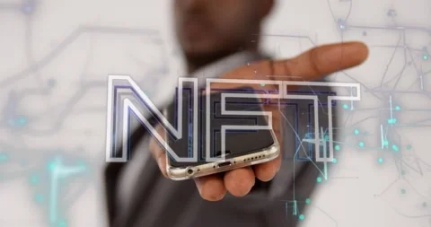 Animation of nft text, connected dots on navigation pattern, african american Stock Footage 330413657
