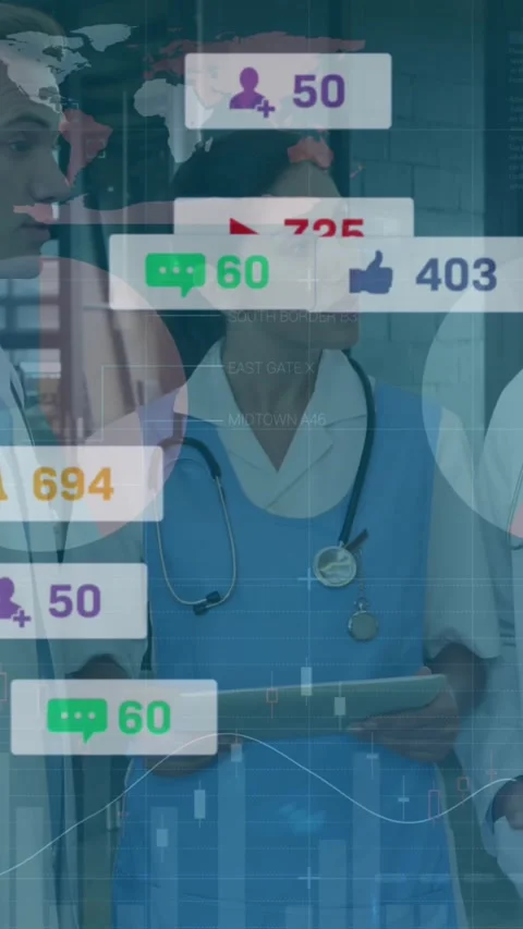 Animation of notification bars and infographic interface, diverse doctors Stock Footage 344783369