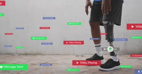 Animation of notification bars over african american man with prosthetic leg Stock Footage 330255883