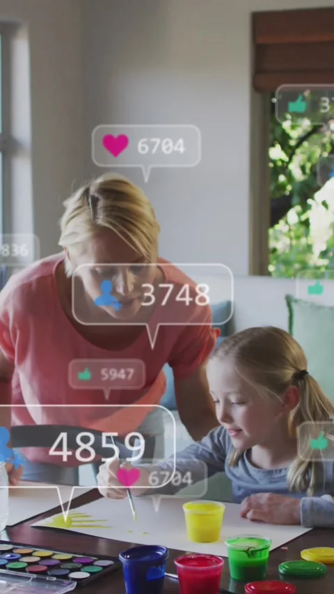 Animation of notification bars over caucasian mother helping daughter in drawing Stock Footage 343955919