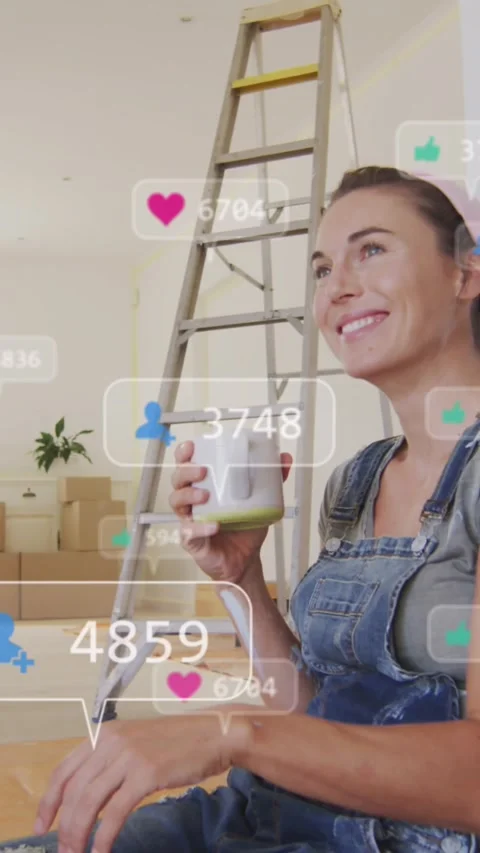 Animation of notification bars over caucasian woman with dog on lap drinking Stock Footage 343996662