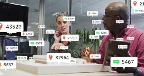 Animation of notification bars over diverse architects discussing on 3d model of Stock Footage 329775683