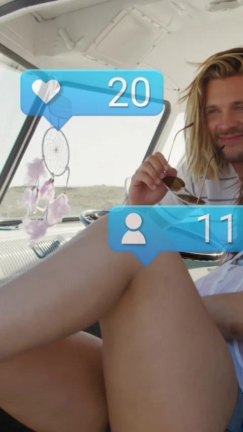 Animation of notification bars over diverse couple spending quality time in van Vídeo Stock 344746081