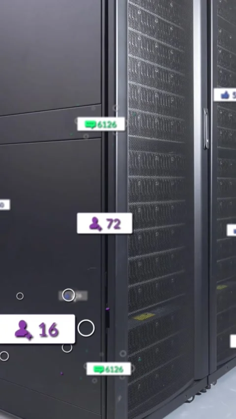 Animation of notification icons with numbers changing over data server racks Stock Footage 344775002