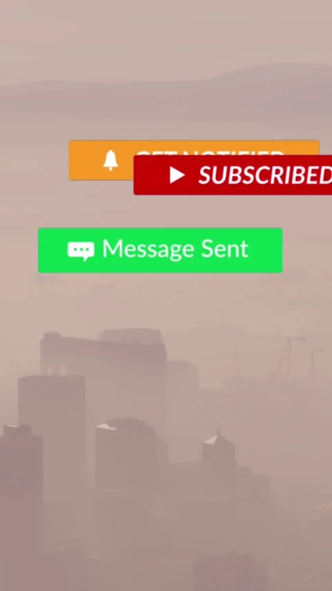 Animation of notification label over fog covered modern city against mountains Vídeo Stock 343028078