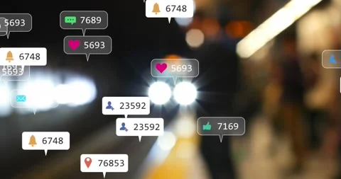 Animation of notification labels over blurred train arriving at subway station Stock Footage 329296710