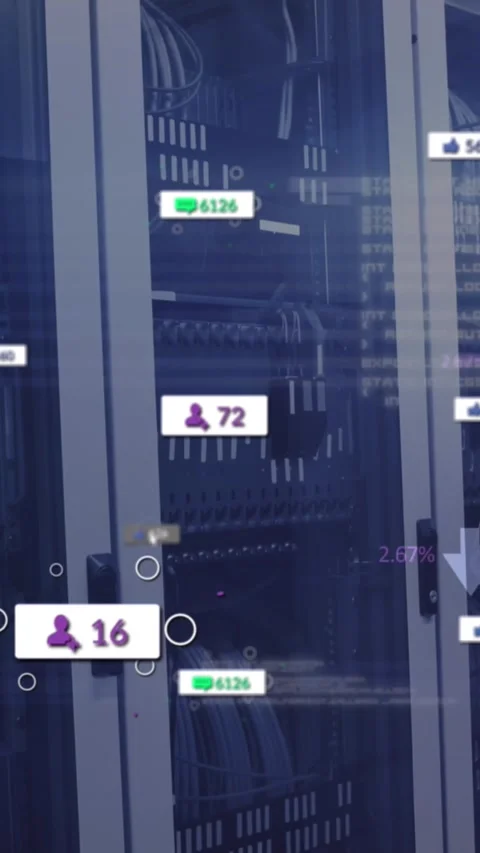 Animation of notification with numbers icons and arrows over data server racks Stock Footage 344746010