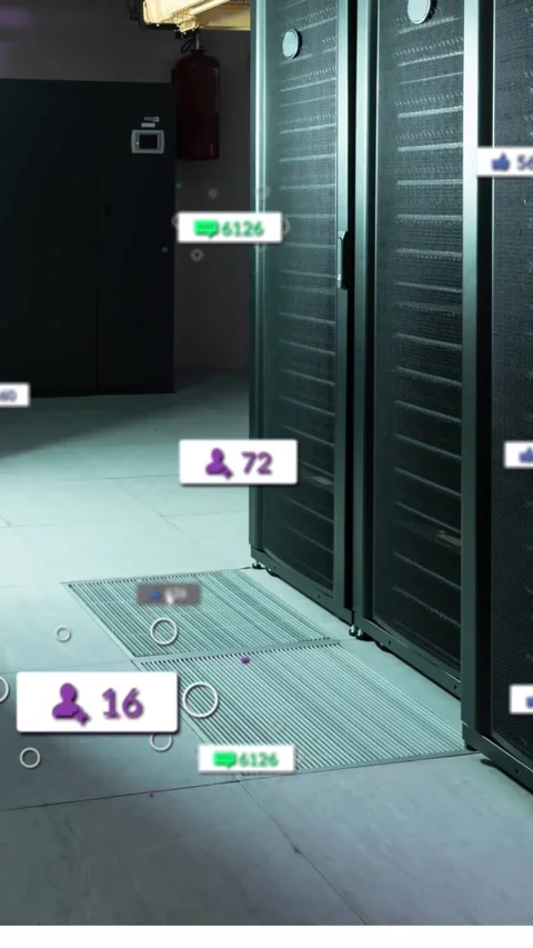 Animation of notification with numbers icons over data server room Stock Footage 344746014