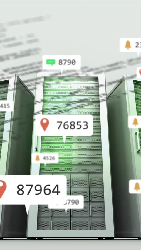 Animation of notification with numbers icons over data server racks Stock Footage 344783647