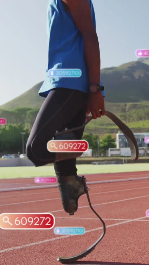 Animation of notifications over african american man with prosthetic legs Stock Footage 344557260