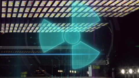 Animation of nuclear symbol over data processing and server room Stockbeeldmateriaal 312350900