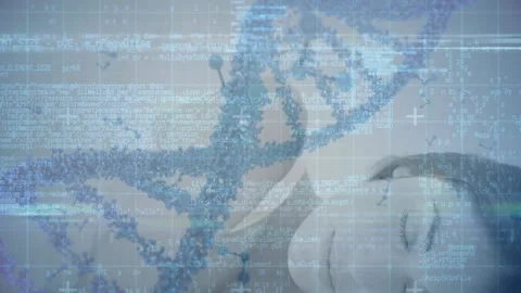 Animation of nucleotides, dna helix, programming code over young caucasian woman Stock Footage 327004967