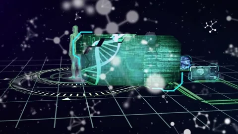 Animation of nucleotides, human body over circle, dna helix and database over Stock Footage 328010138