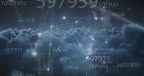 Animation of numbers and computer code processing over cloudy sky Stock Footage 328830075