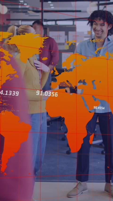 Animation of numbers and computer language on map, diverse coworkers discussing Stock Footage 344723078