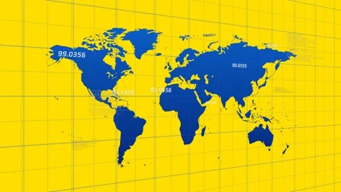 Animation of numbers and data processing over blue world map on yellow Stock Footage 246910012