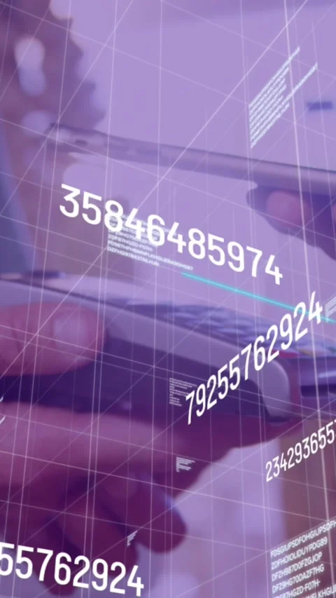 Animation of numbers and data processing over close up of a hand using phone to 库存影片 321580537