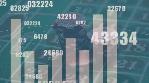 Animation of numbers and data processing over casino chips and game board Stock Footage 330296451