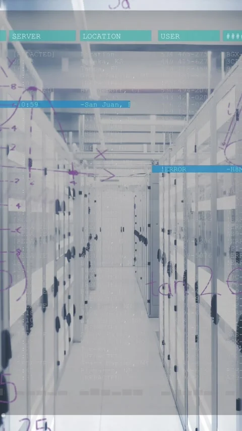 Animation of numbers and data processing on screen over computer servers Video stock 343682404