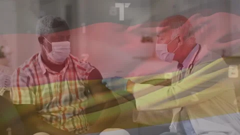 Animation of numbers and germany flag over diverse male doctor vaccinating Video stock 330296461