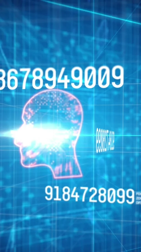 Animation of numbers and human head over blue background with integrated circuit Vídeo Stock 342801979