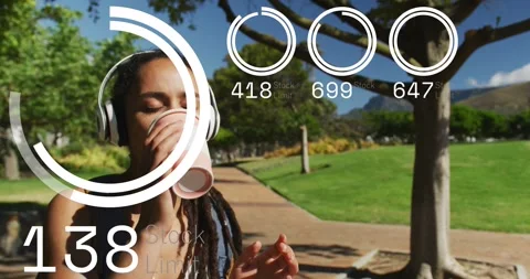 Animation of numbers and loading circles, woman listening to music and drinking Stock Footage 329509515
