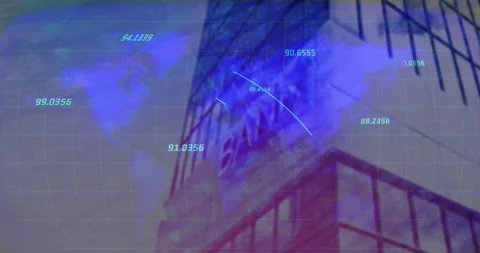 Animation of numbers and moving lines with map over modern building against sky Vídeos de archivo 250078079