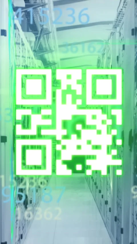 Animation of numbers and qr code over servers Stock Footage 324020169