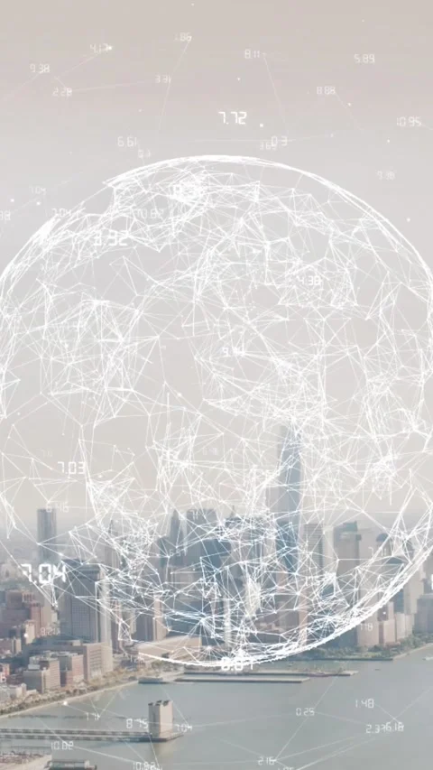 Animation of numbers around connected dots forming globe, aerial view of modern Stock Footage 344706482