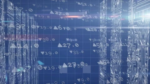 Animation of numbers with arrows floating with microprocessor connections over a Stock Footage 147870010
