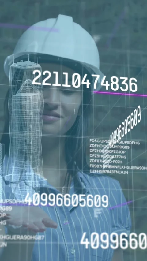 Animation of numbers changing with 3d buildings over female architect's hand Stock Footage 342097377