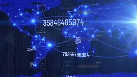 Animation of numbers changing and data processing with world map Stock Footage 330338772