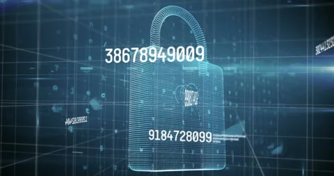 Animation of numbers changing data processing with online security padlock and Video stock 146561987