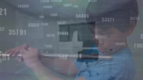 Animation of numbers changing over boy playing flute at school Stock Footage 330115099