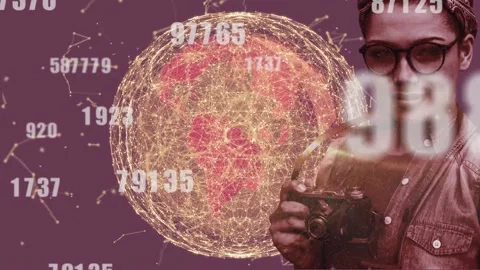 Animation of numbers changing over globe with connections and female Stock Footage 157672506