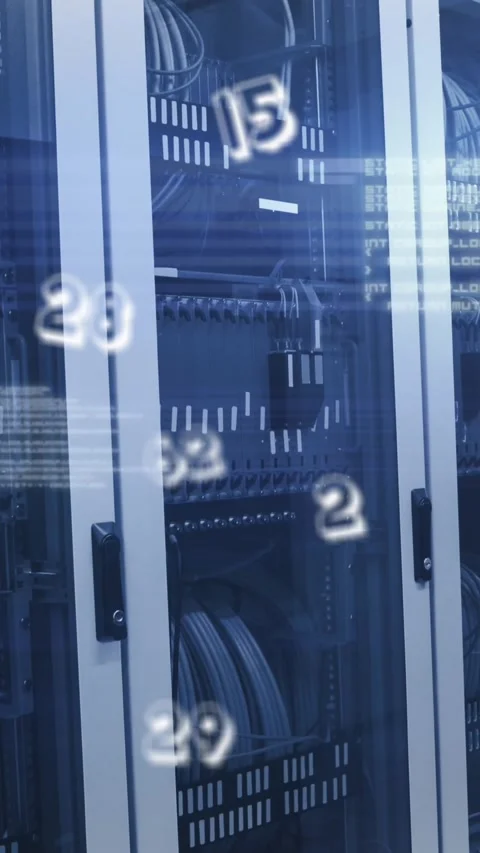 Animation of numbers changing over tech room with computer servers Stock Footage 331649574